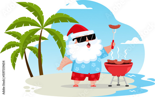 Summer Santa Claus Grilling Sausages On BBQ Grill At Beach - Vector Illustration Flat Design Isolated On Transparent Background