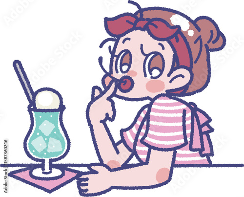 クリームソーダを食べる女の子のイラスト
