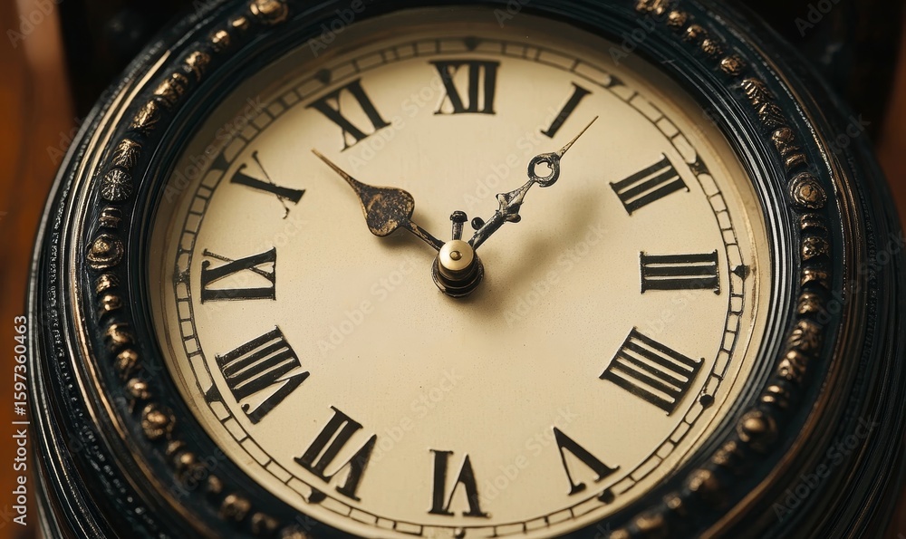 Detailed close-up of an analog metal clock to represent time management, Generative AI Detailed close-up of an analog metal clock to represent time management, Generative AI