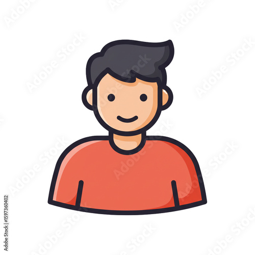 A friendly cartoon boy with dark hair and a red shirt smiles gently in a modern, flat icon style.