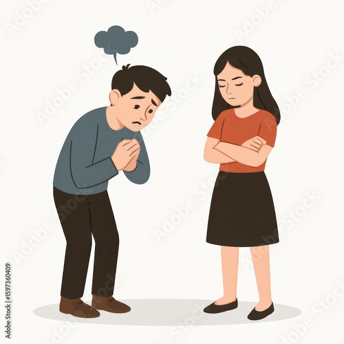 Emotional conflict expressed through a sad man seeking forgiveness while a woman stands firm crossed arms reflecting unresolved tension in a vibrant relationship dynamic