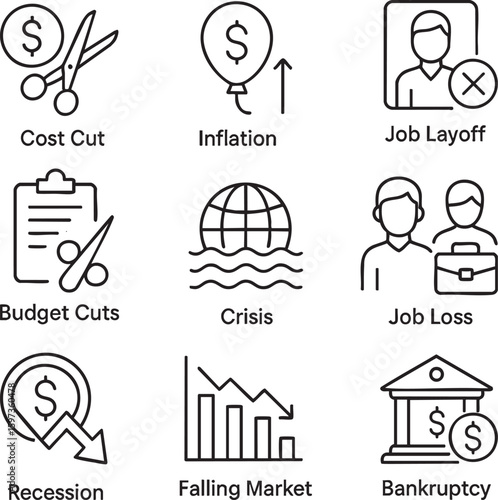 Economic Recession Line Icon Set with Labels, Job Layoffs, Inflation, Budget Cuts, and Crisis Elements