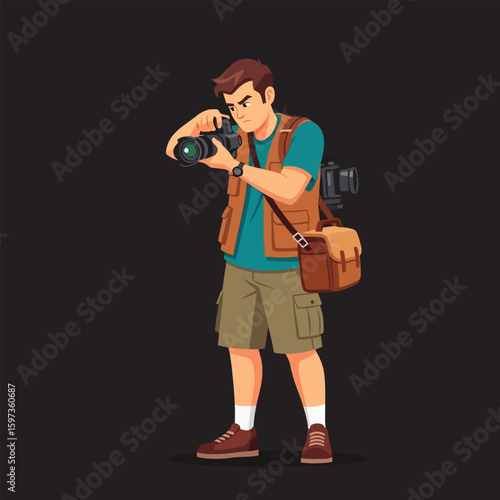 Focused Young Man Holding Camera Ready to Shoot on Dark Background