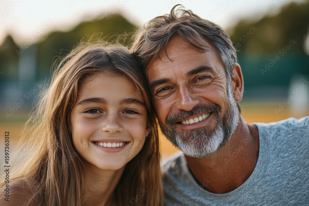 Fototapeta premium Happy father and teenage daughter looking at the camera outdoors at a basketball court, celebrating family sports and bonding through physical activity, Generative AI