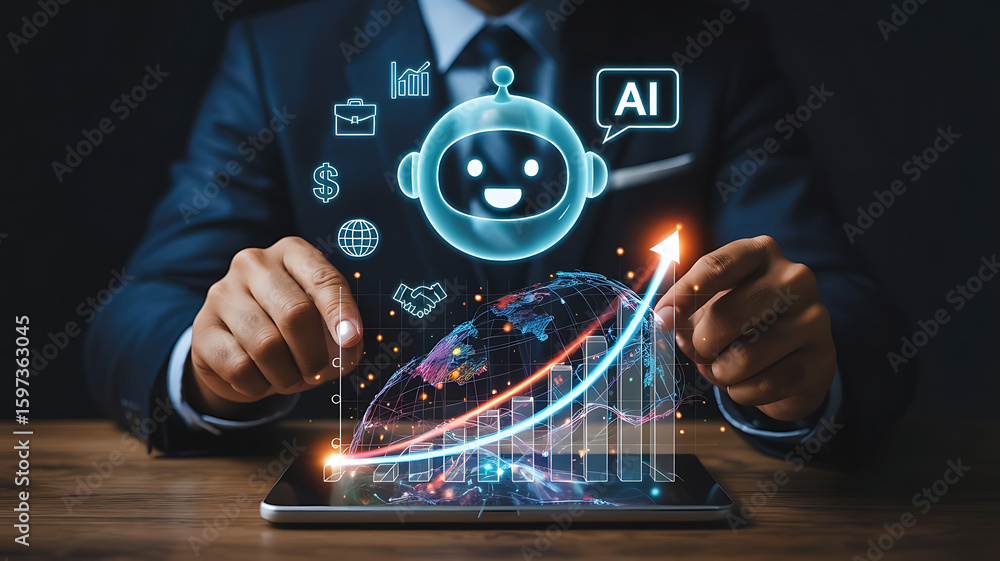Businessman interacting with an ai chatbot and a rising financial graph symbolizing business growth and technology