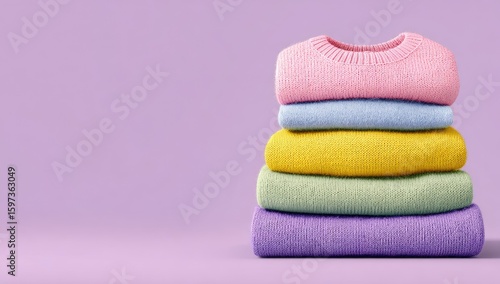 Stack of colorful sweaters on a pastel background