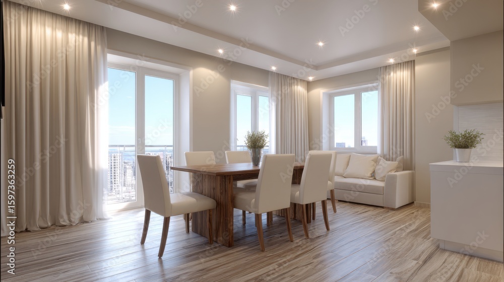 Fototapeta premium A spacious dining area features a wooden table surrounded by white chairs, with large windows showcasing a bright city skyline. Natural light floods the room.
