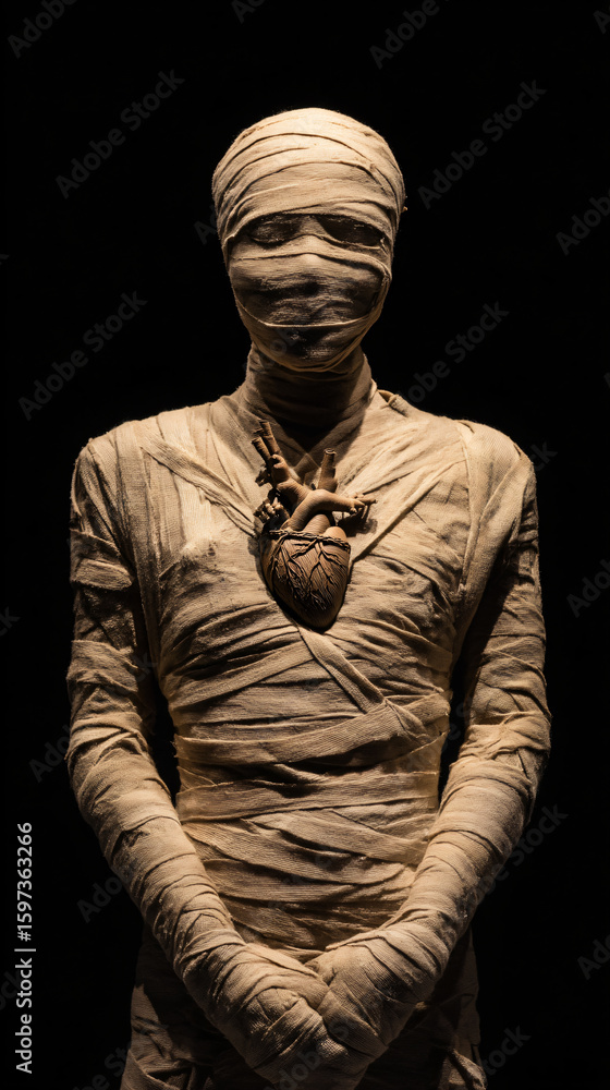 Obraz premium Egyptian Mummy Sculpture Art Ancient Burial Figure Museum Exhibit History Mystical Illumination Craftsmanship Symbolism Surrealism Preservation Elegant Human Anatomy Artifacts Cultural Heritage 