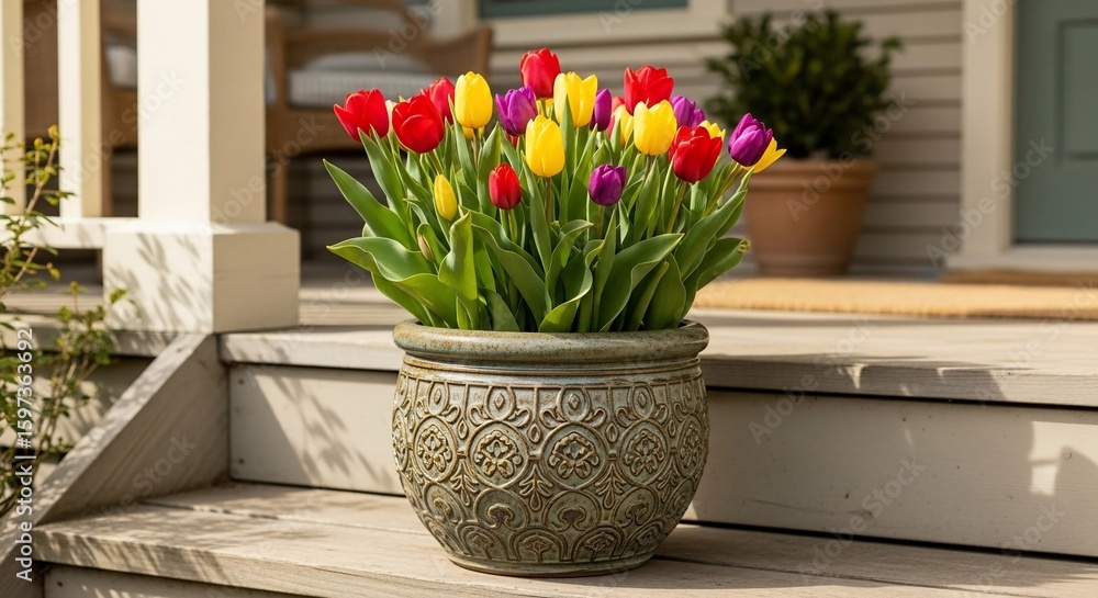 Fototapeta premium Vibrant tulips in decorative planter grace the steps of a welcoming home adding charm and color to