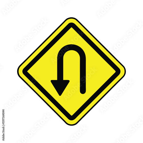 An isolated yellow diamond-shaped road sign with a black arrow symbol serves as a warning for a sharp turn ahead yellow triangle warning sign U turn roadsign black vector art icon silhouette 