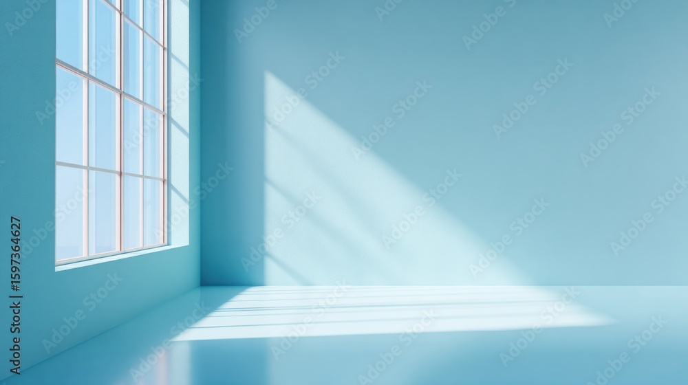 Obraz premium A spacious room features a large window that allows morning sunlight to cast gentle shadows on the soft blue walls and floor, enhancing the serene atmosphere.