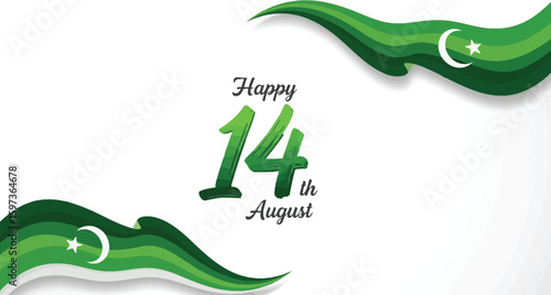 Happy fourteenth August design with waving Pakistan flag elements.