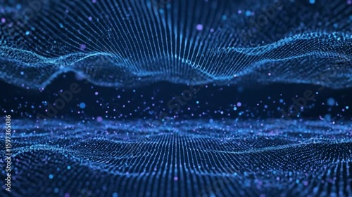 Digital landscape formed by wavy blue lines  scattered dots in a dark setting resembling abstract data visualization