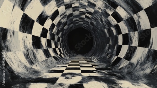 Checkered tunnel effect in grayscale.