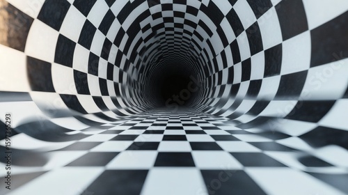 Checkered tunnel perspective in grayscale.