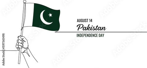 Pakistan Independence Day design features flag and hand in line art.