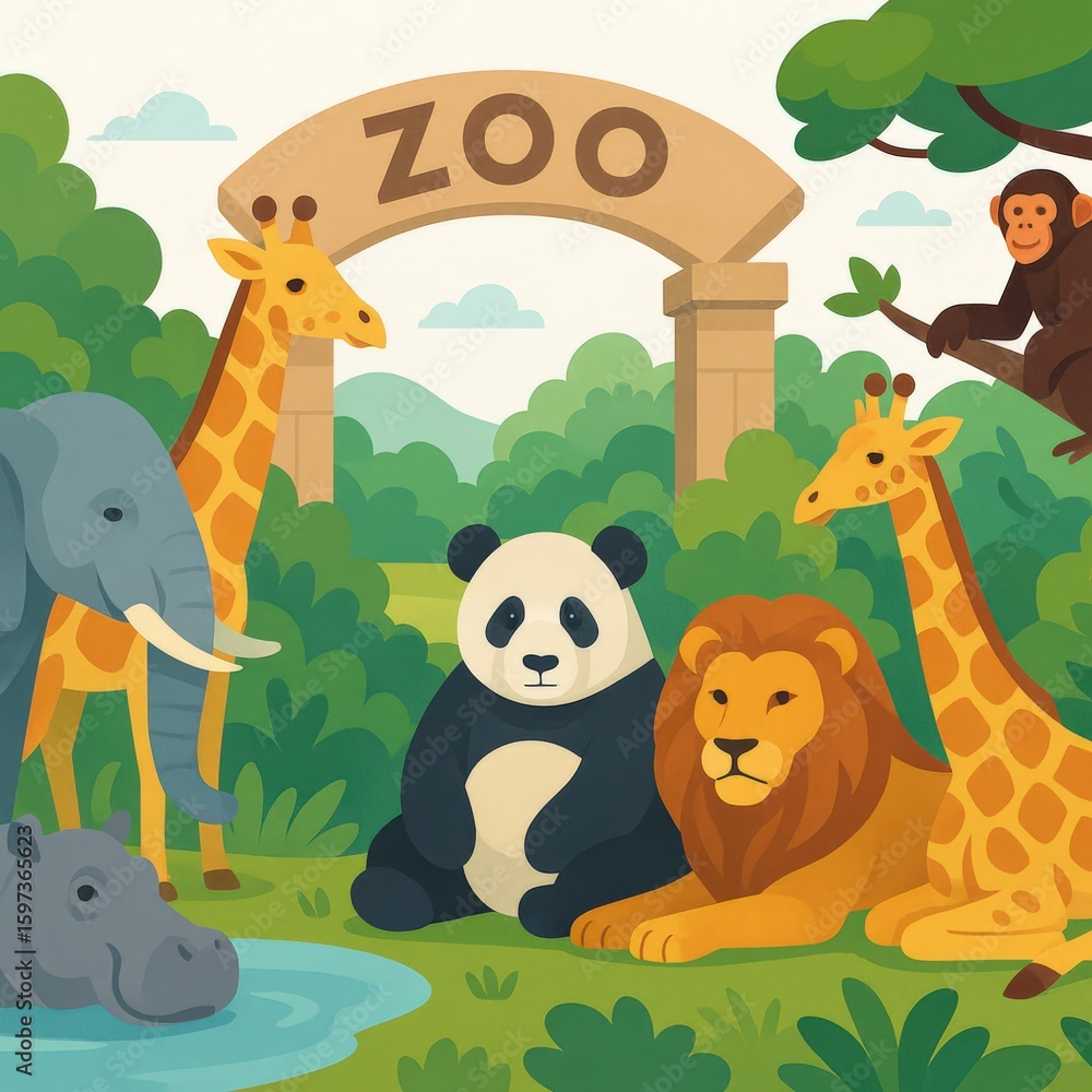 Naklejka premium Diverse animal collective under an archway labeled zoo with vibrant greenery showcasing an elephant panda lion giraffe and hippo symbolizing wildlife conservation and biodiversity in a playful