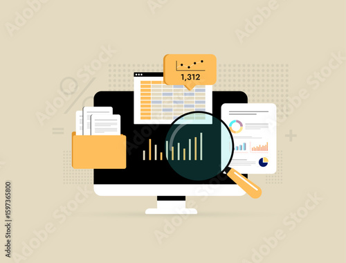 Data analysis on marketing analytics dashboard - business metrics, document folders, graphs and spreadsheet marketing statistics. Business data analysis for better decision making vector illustration