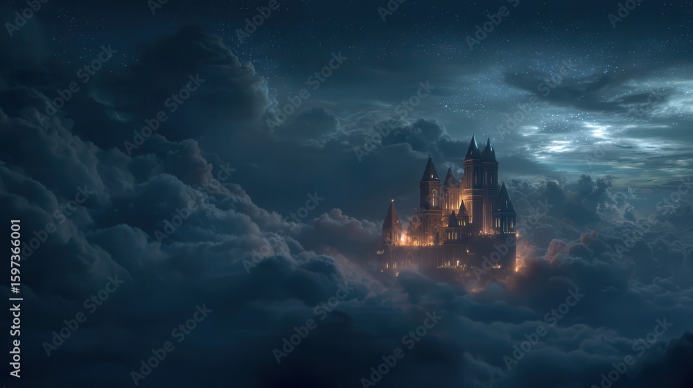 Fototapeta premium Mysterious castle emerges from dark clouds at twilight, surrounded by stormy skies and illuminated by eerie light