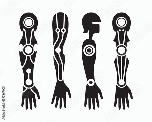 Four stylized black and white figures with geometric patterns and hand designs on a white background