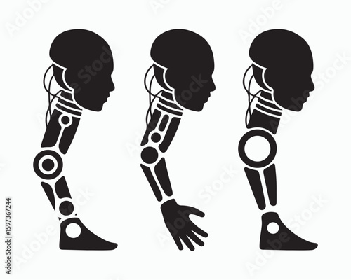Three identical robot figures in black silhouette with visible wiring and joint articulation details