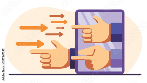 Hands pointing out of a tablet screen with arrows indicating direction and focus in the design style