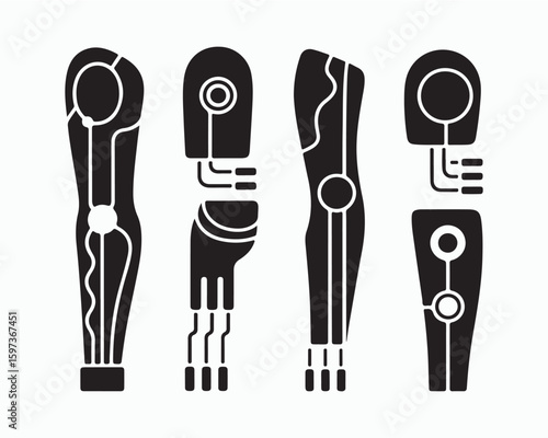 Illustration of four futuristic robotic arm designs in black silhouette on a white background