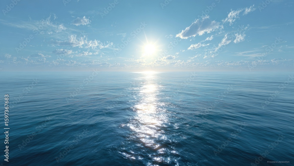 Obraz premium Tranquil ocean, bright sun, puffy clouds. Vast blue expanse of water meets a clear sky dotted with soft clouds, highlighting a brilliant sun