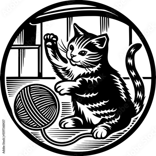  cat playing with a ball of yarn (linocut style)