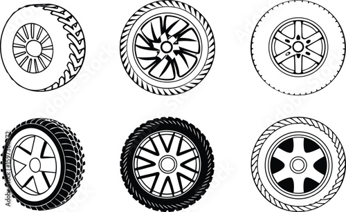 car tires illustration, black tire silhouette, car wheel icon vector.
