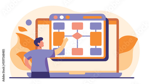 Man interacting with flowchart on laptop screen in a creative and colorful vector illustration style