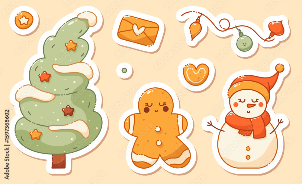 Obraz premium Christmas stickers with a cute snowman, xmas tree, star, cookie, envelope with a heart and a garland.