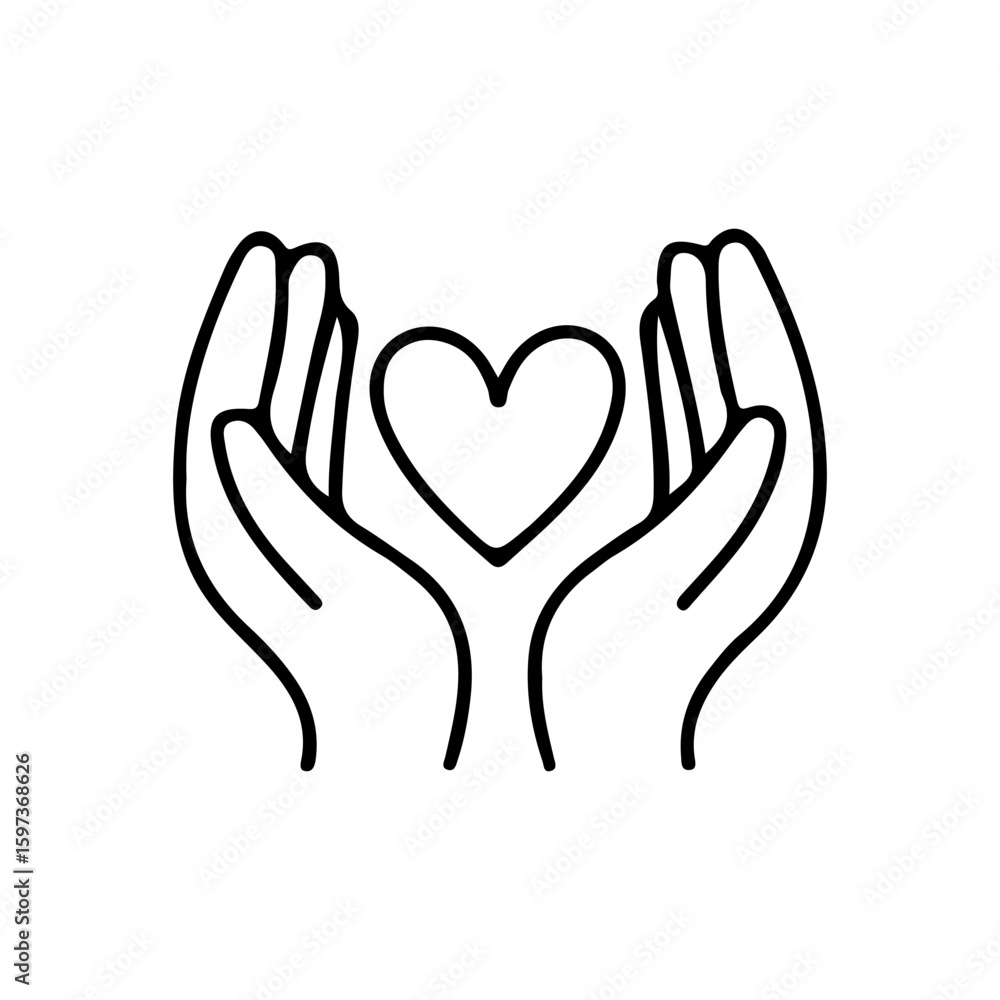 Obraz premium Line art of two hands holding a heart. Concept for care, support, mental wellness, love and emotional safety. Vector black outline.-1