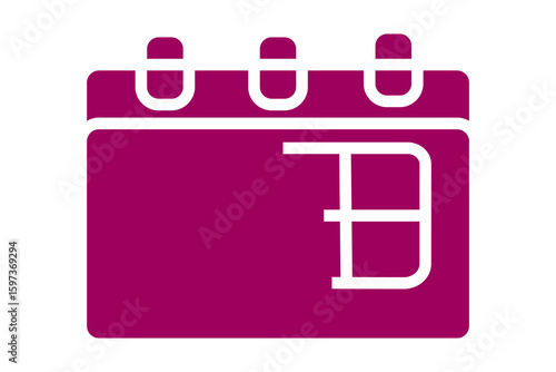 The calendar is depicted in solid purple with three ring bindings at the top and a large grid-like date symbol on the right side