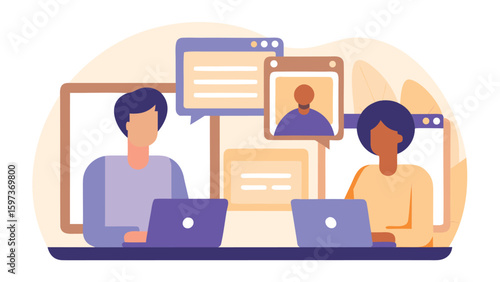 Illustration of two people in a video call on laptops with floating message windows around them