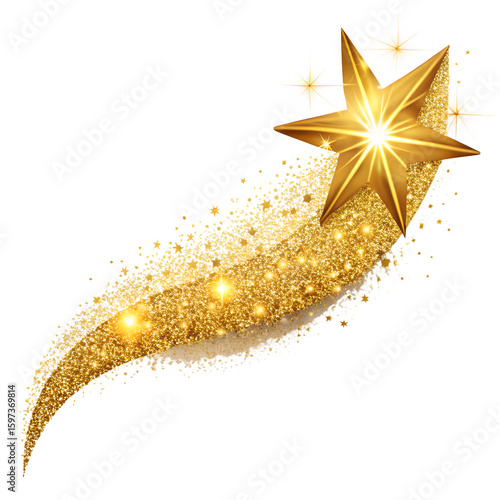 A golden shooting star with a glittering trail of sparkles streaks across a transparent background