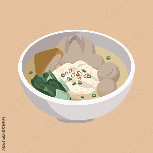 Indonesian food flat vector illustration. Bakso kuah or Indonesian meatball soup drawing.