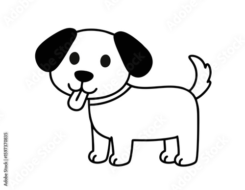 Happy dog vector illustration, white background, flat cartoon style or simple outline. Tongue out, wagging tail, friendly look. Perfect for pet-related content or children’s designs