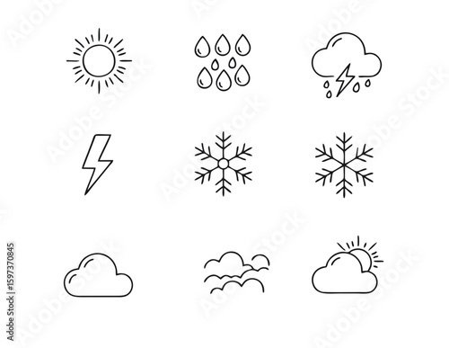 Minimalist Weather Icon Set on white background. Includes: sun, rain, cloud, lightning, snowflake, tornado, wind, thermometer, umbrella, fog. Clean, consistent stroke, adjustable line weight