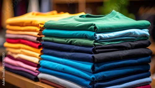 Colorful T-shirts stacked neatly