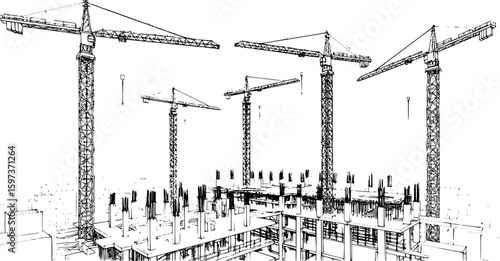 a monochrome sketch of a cityscape filled with construction cranes, minimalist style