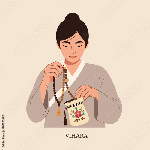 Meditative Woman Holding Prayer Beads and Embroidered Bag