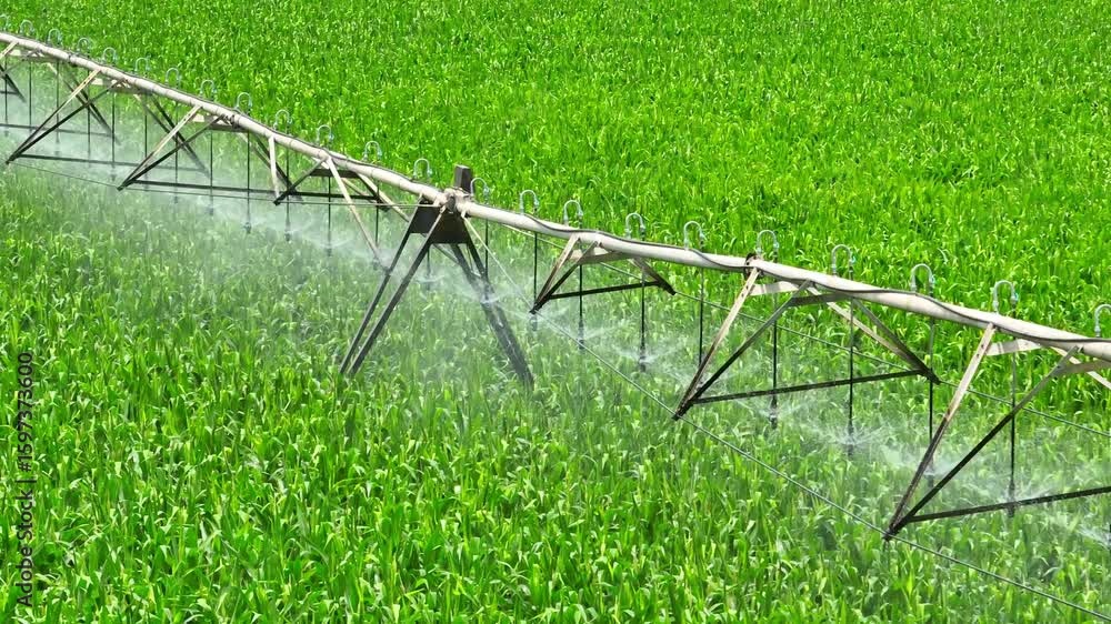 Contuor Rig Inbfarming Overhead drone perspective of a center pivot irrigation rig spraying ...