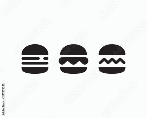 Three burger icons in a row with different fillings on a white background in a simple flat design