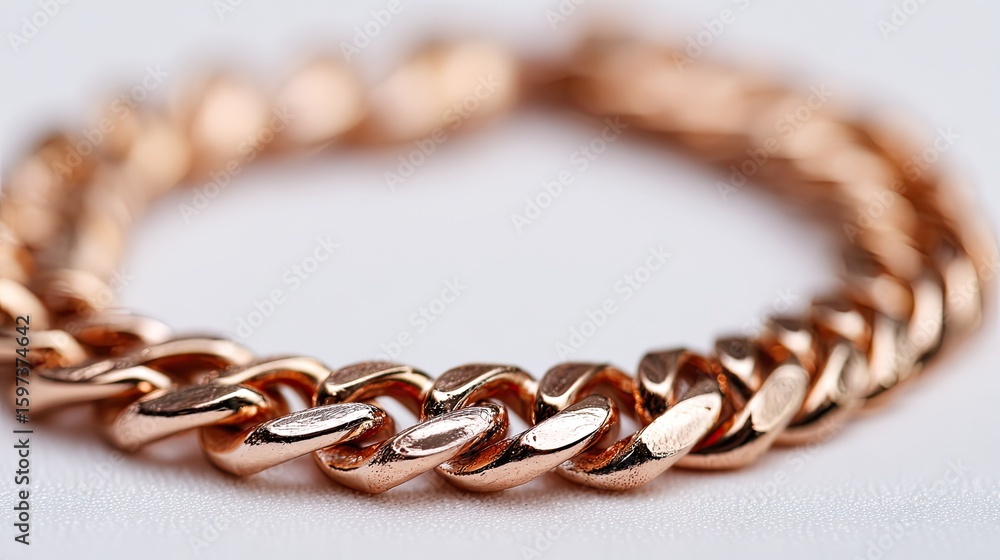 Close-up view of a rose gold chain bracelet, showcasing its links and design details. Close-up view of a rose gold chain bracelet, showcasing its links and design details.