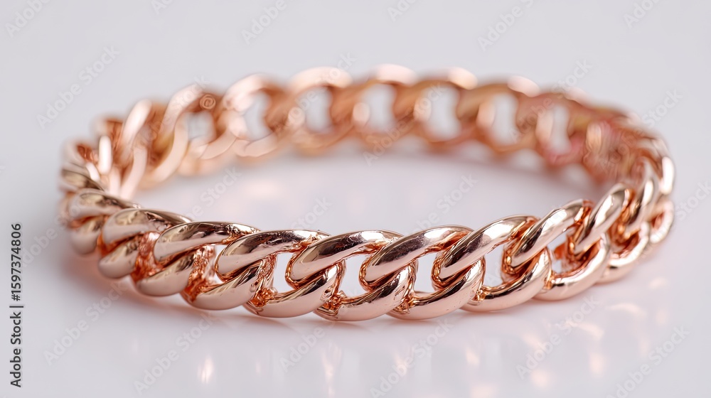 A close-up studio shot of a rose gold chain ring on a white surface, showcasing its intricate link design and subtle reflection. A close-up studio shot of a rose gold chain ring on a white surface, showcasing its intricate link design and subtle reflection.