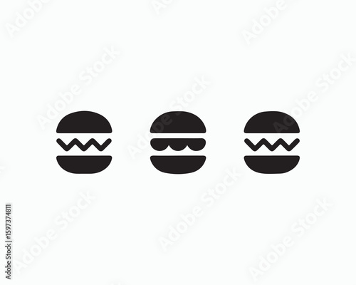 Three black burger icons in a row with different fillings on a white background in a simple design