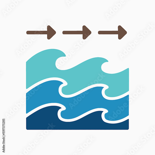 Three directional arrows above stylized ocean waves indicating movement and flow