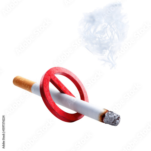A partially smoked cigarette bisected by a red prohibition symbol, with a puff of smoke rising above