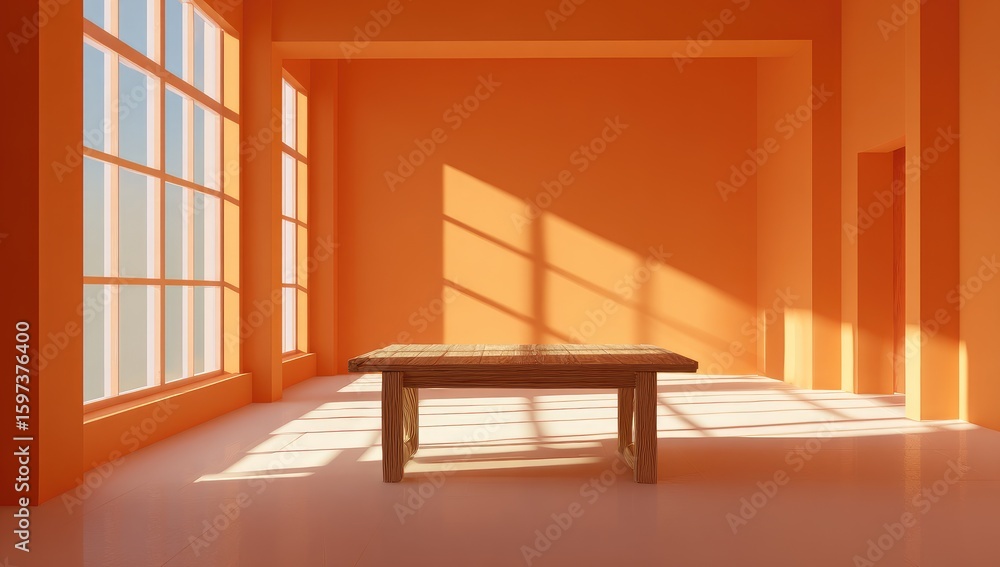Fototapeta premium Empty orange room with wooden table. Sunlight streams through large windows